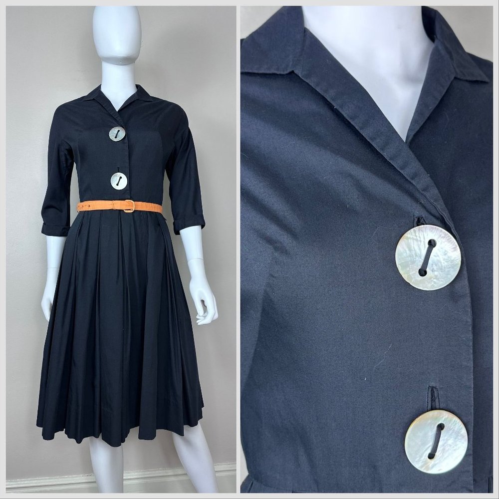 Vintage 1950s Black Fit and Flare Shirt Dress, Giant Buttons, L’Aiglon Size XS